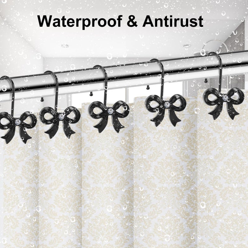 YanKiTour Black Bow Shower Curtain Hooks, 12 Pack Metal Decorative Rings, Rust Proof Bow Knot Design for Bathroom Bedroom Living Room Baby Room Nursery Art Decor (Black 3) - Image 5